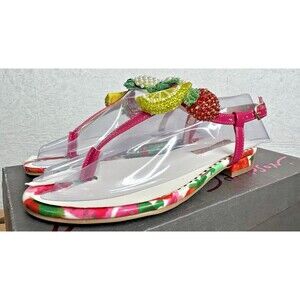 Betsey Johnson Thong Sandals Aniston Black Multi Beaded Fruit Slingback Size 5.5